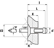 Размеры заклепки Bralo алюминий/сталь потайной бортик 120°, многозажимная